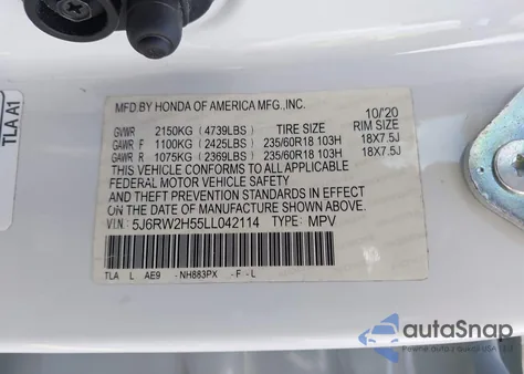 2020 Honda Cr-V Awd Ex из США, поврежденный, VIN 5J6RW2H55LL042114